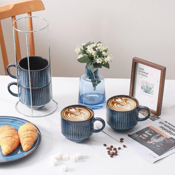 Coffee Cups Set of 4 with Stand, 15 OZ Stackable Coffee Mugs with Handle for Tea - Picture 4 of 7